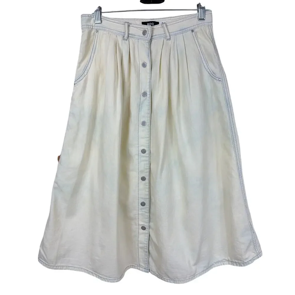 BDG Urban Outfitters Cream Denim Button Front Midi Skirt Size 2